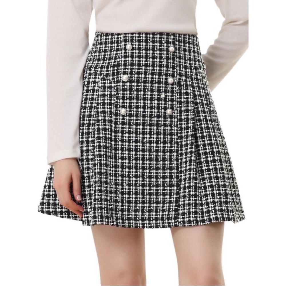 NWT! Allegra K Women's Tweed  High Waist A-Line Button Front Mini Skirt Black L